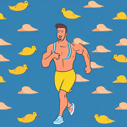 The muscular guy ran with a duck at the beach